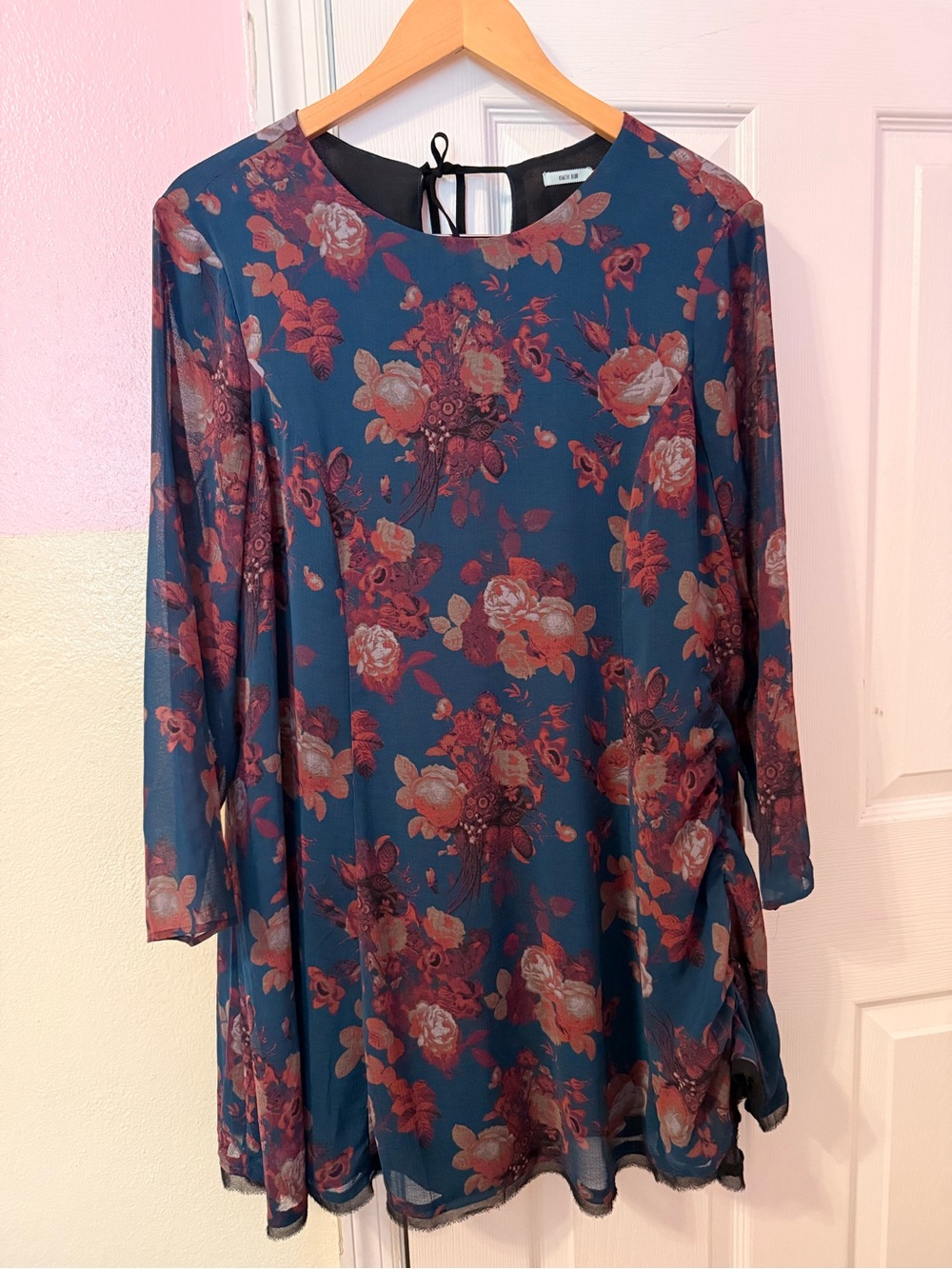 Kimchi Blue Women Dress Large Blue Pink Floral A Line 3/4 Length Sleeve Lined